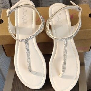 Sugar Silver T-Strap Sandals with Rhinestone Embellishments